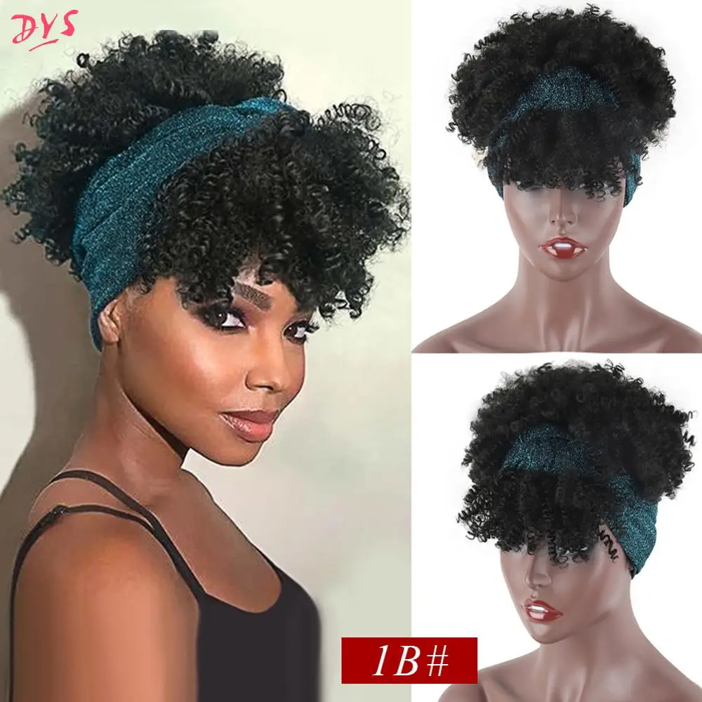 Deyngs Synthetic Wig Short Kinky Curly Turban Wrap-wig 2 in 1 Afro Puff Hairband Bun with Bangs Drawstring Headwrap With | Шиньоны и