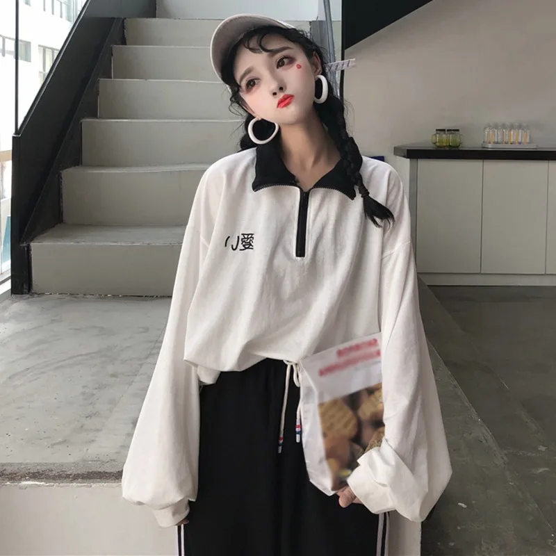 Fashion Lapel T Shirt Women College Long Sleeve Print Loose Casual Tee Feeme Oversized Preppy Tops | Женская одежда