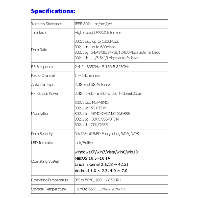 1900Mbps USB WiFi Adapter 2X5DBi Antennas Dual Band 5.8GHz/2.4GHz USB3.0 Wireless Network LAN Card for Desktop Laptop 
1900Mbps USB WiFi Adapter 2X5DBi Antennas Dual Band 5.8GHz/2.4GHz USB3.0 Wireless Network LAN Card for Desktop Laptop