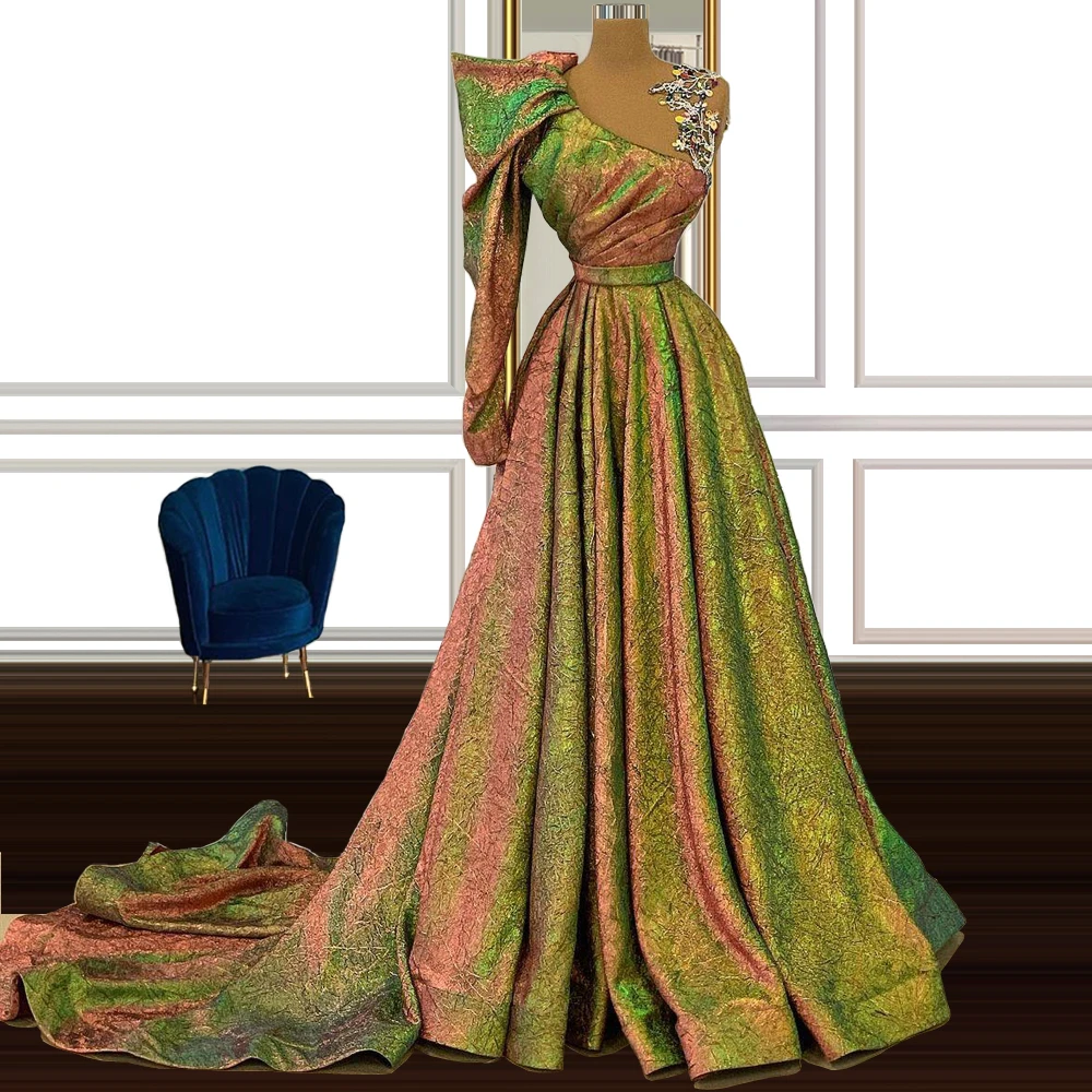 Multi Colored Single Sleeve Ruched Skirt A-line Court Train Dresses For Prom Dress for Women Party 
Multi Colored Single Sleeve Ruched Skirt A-line Court Train Dresses For Prom Dress for Women Party