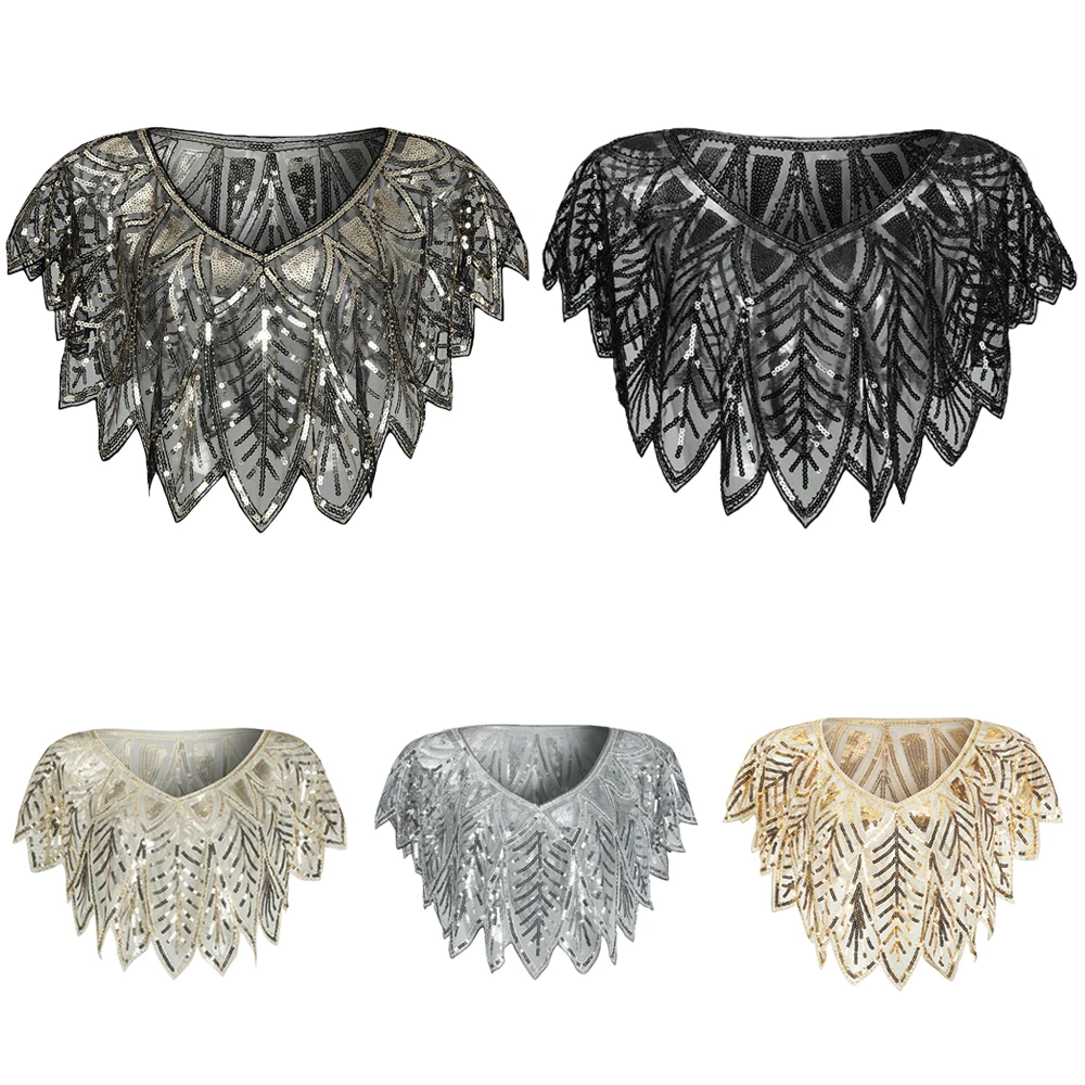 

Women's 1920s Shawl Beaded Sequin Deco Evening Cape Bolero Flapper Cover Up See-through Scalloped Hem Party Shawl Vintage Shawl