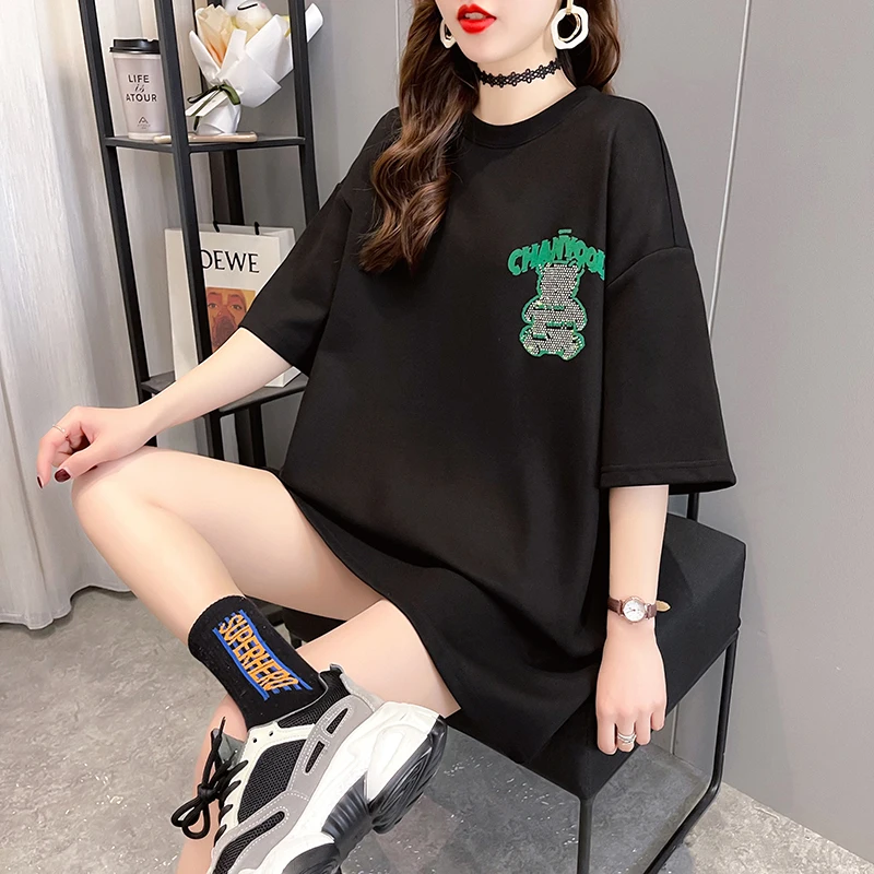 2021 summer Korean version loose round neck print hot drilling blouse mid-length plus size women's short-sleeved T-shirt women
2021 summer Korean version loose round neck print hot drilling blouse mid-length plus size women's short-sleeved T-shirt women
