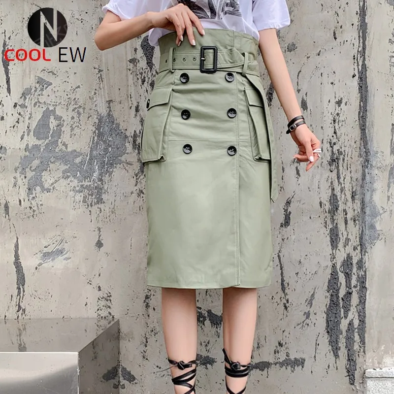 High Waist Office Ladies Sashes Genuine Leather Skirts Knee Length Split Double Breasted Pockets Slim Sheepskin Skirts Plus Size
High Waist Office Ladies Sashes Genuine Leather Skirts Knee Length Split Double Breasted Pockets Slim Sheepskin Skirts Plus Size