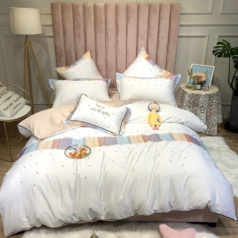 Fresh Bedding Set Simple 60 Cotton Four-piece Set Colored Thread Star Embroidery Duvet Cover Sheet Girl Heart Bedding
Fresh Bedding Set Simple 60 Cotton Four-piece Set Colored Thread Star Embroidery Duvet Cover Sheet Girl Heart Bedding