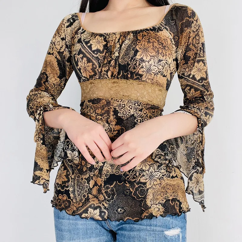 Vintage Print Women T-shirt Ruffle Split Sleeve Lace Patchwork Female Top Square Collar Fairy Y2K Aesthetic Summer Autumn Tshirt
Vintage Print Women T-shirt Ruffle Split Sleeve Lace Patchwork Female Top Square Collar Fairy Y2K Aesthetic Summer Autumn Tshirt