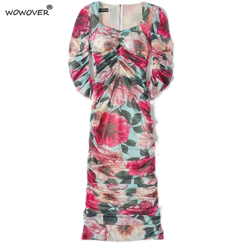 Runway Summer Designer Square Collar Floral Print Elegant Lady Celebrity Party Draped Mesh Dress Women Midi Bodycon Sexy Robe
Runway Summer Designer Square Collar Floral Print Elegant Lady Celebrity Party Draped Mesh Dress Women Midi Bodycon Sexy Robe