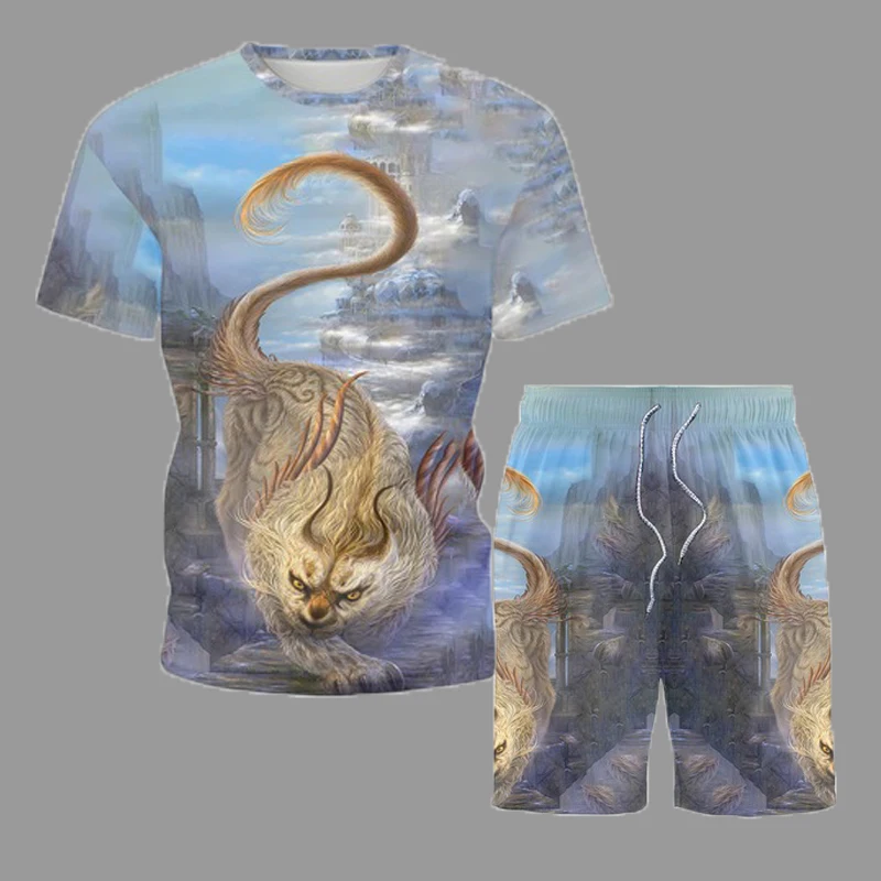 Chinese Style Summer T-Shirt Suit Mythical Beast Print Retro Short Sleeve Shorts Set 2021 New Trendy Unisex Clothing Men Sets 
Chinese Style Summer T-Shirt Suit Mythical Beast Print Retro Short Sleeve Shorts Set 2021 New Trendy Unisex Clothing Men Sets