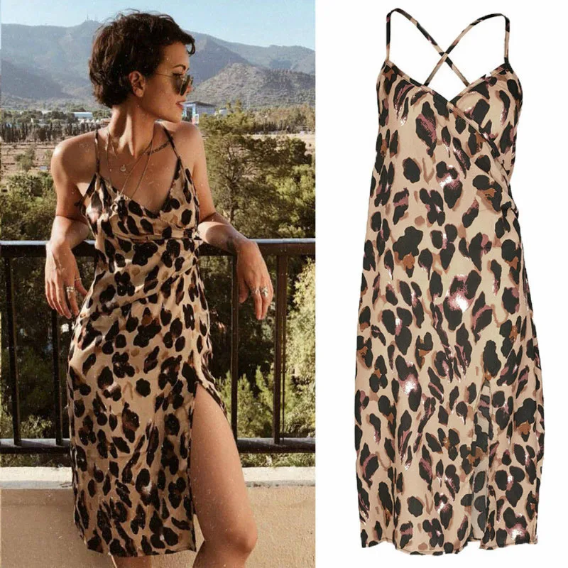 

Bandage Spaghetti Strap Dress Leopard Beach Dress Women SexySleeveless African Dashiki Women Dress Vintage