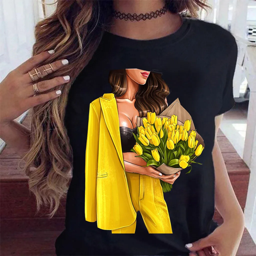 Женская футболка с цветочным принтом повседневная черная в стиле 90-х Y2K - купить