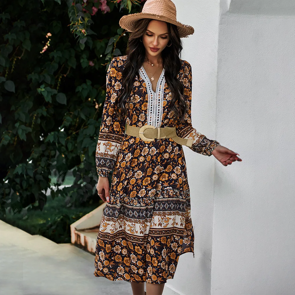Spring Print Dress Women Casual Holiday High Waist Lace V Neck Slim Long sleeve robe Fashion Stylish Midi Bohemian lady clothing
Spring Print Dress Women Casual Holiday High Waist Lace V Neck Slim Long sleeve robe Fashion Stylish Midi Bohemian lady clothing