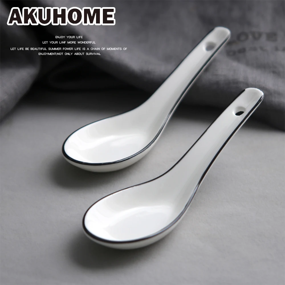 Japanese Simple Ceramic Long Handle Spoon Bone China Spoon Set Black Line Spoon 2 Loaded 
Japanese Simple Ceramic Long Handle Spoon Bone China Spoon Set Black Line Spoon 2 Loaded