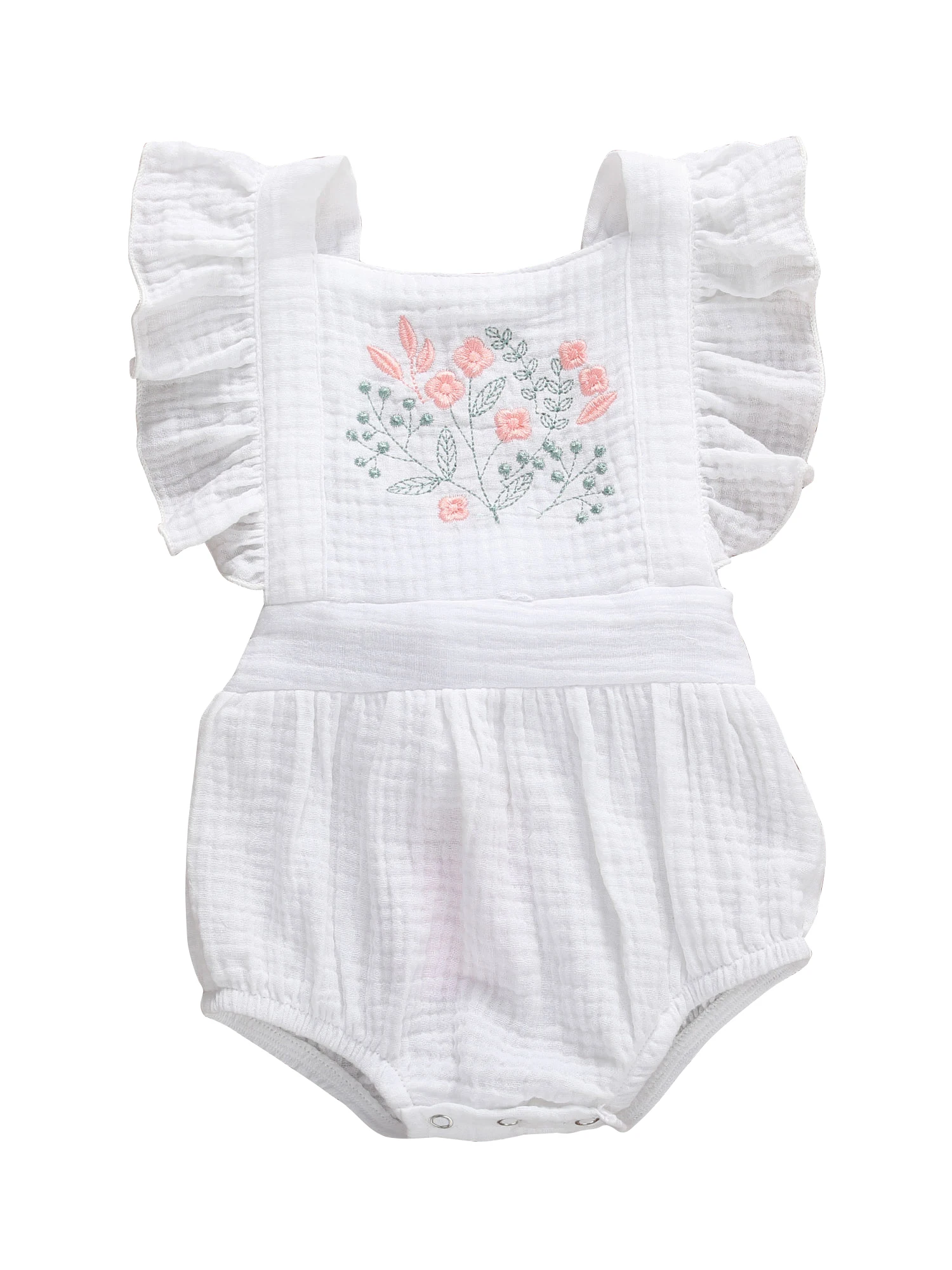 

Baby Summer Clothing 0-18M Newborn Baby Girl Jumpsuit Cotton Linen Short Ruffle Sleeve Sunsuit Embroidery Flowers Bodysuit