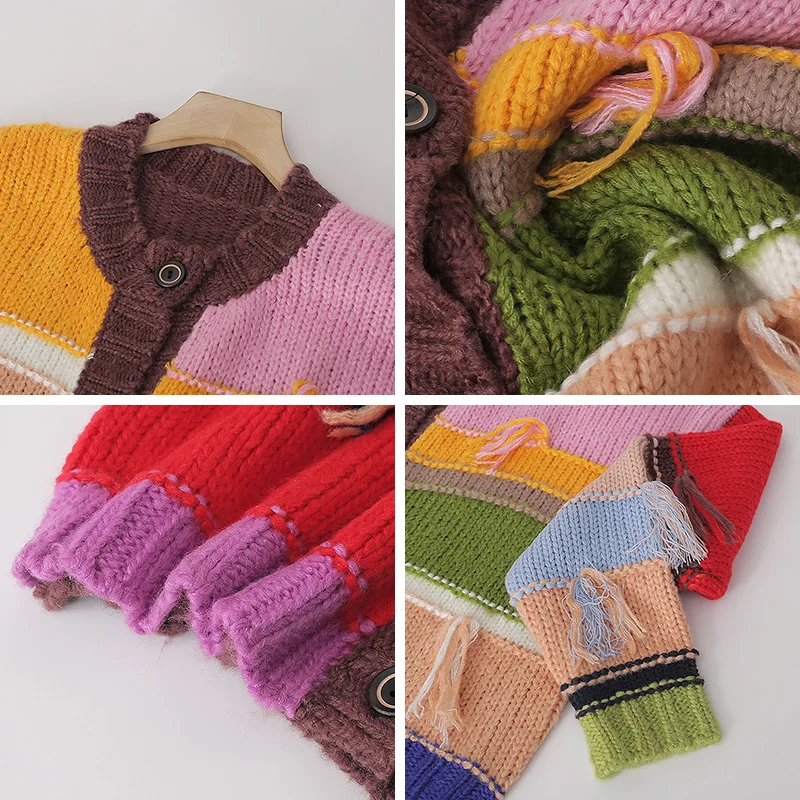 Spring Autumn Retro Thick Stitch Color Tassel Women Tops Long Sleeve Single Breasted Buttons Knitted Cardigan Sweaters T1327
Spring Autumn Retro Thick Stitch Color Tassel Women Tops Long Sleeve Single Breasted Buttons Knitted Cardigan Sweaters T1327