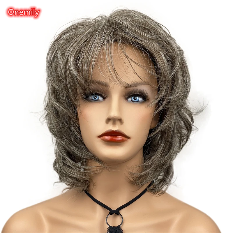 

Onemily Shaggy Layered Medium Length Brown Wavy Wig with Bangs Adjustable Cap Women's Synthetic Natural Hair