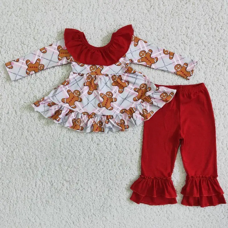 

New Arrival Christmas Children's Costume Gingerbread Baby Girl's Outfit Back Big Bow Tunic Top Red Ruffle Pants 2-Piece Set