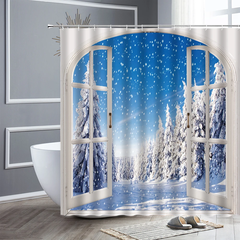 

Waterproof Fabric Shower Curtain Winter Scenery Cedar Forest Snow Scene Landscape Bathroom Curtains bathtub Decor Bath Cloth Set