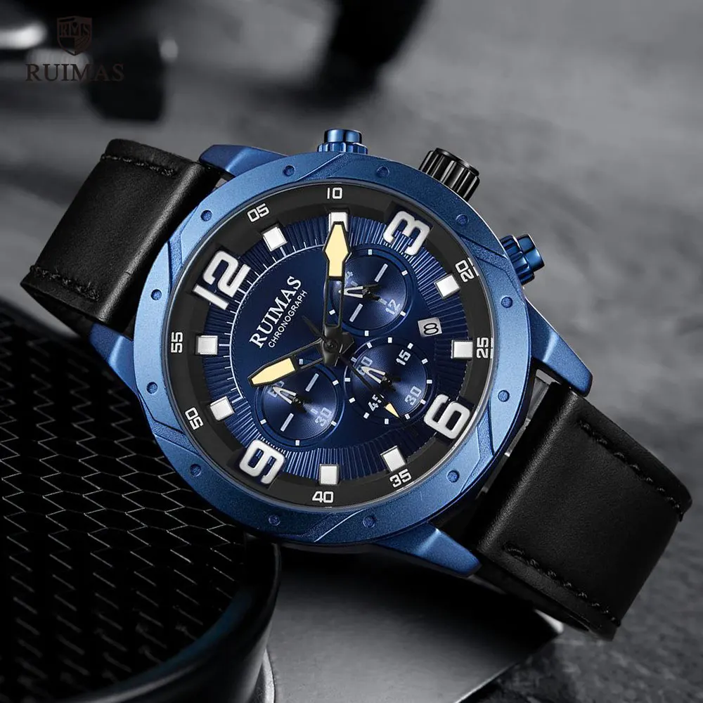 

RUIMAS Men's Chronograph Watches Luxury Leather Strap Analog Wristwatch Man Top Brand Waterproof Watch Male Relogios Clock 595