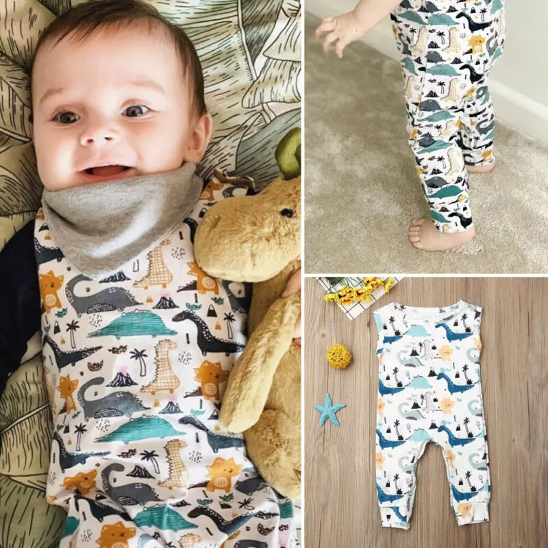 Newborn Baby Romper Clothes Infant Boys Dinosaur Cartoon Print Sleeveless Jumpsuit Summer Cute Outfit | Мать и ребенок