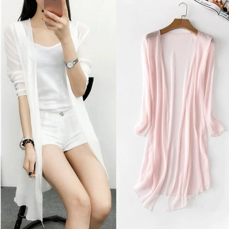 2021 Summer Chiffon Blouse Pink Cardigan Sun Protection clothing Long Blouse Beach White female Fashion Tops Feminino
2021 Summer Chiffon Blouse Pink Cardigan Sun Protection clothing Long Blouse Beach White female Fashion Tops Feminino