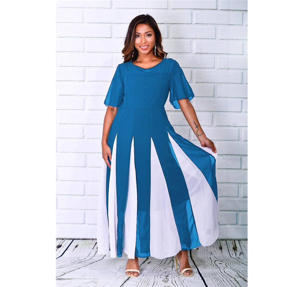 Large Contrast Chiffon Stitched Round Neck Short Sleeve Big Swing Dress Spring And Summer Women's Wear
Large Contrast Chiffon Stitched Round Neck Short Sleeve Big Swing Dress Spring And Summer Women's Wear