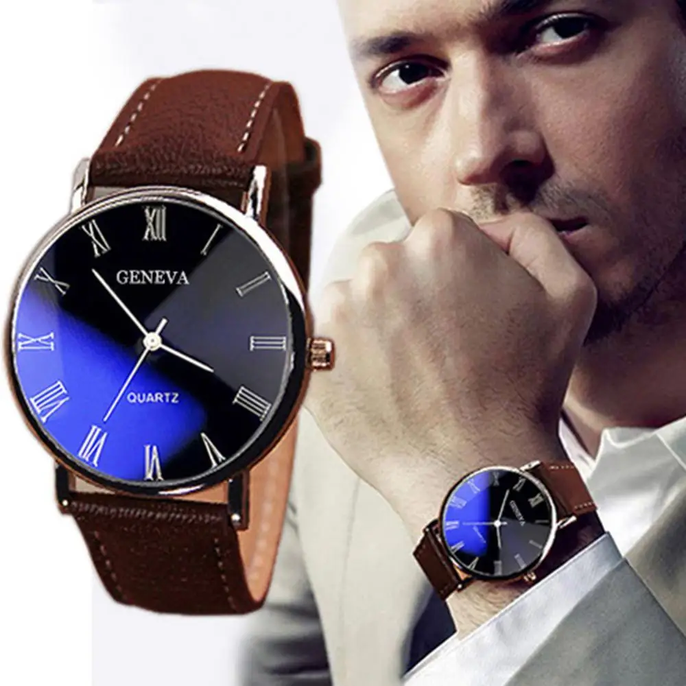 

Men Watch Roman Numerals Blu-Ray Faux Leather Band Quartz Analog Business Wrist Watch montre homme часы мужские наручные