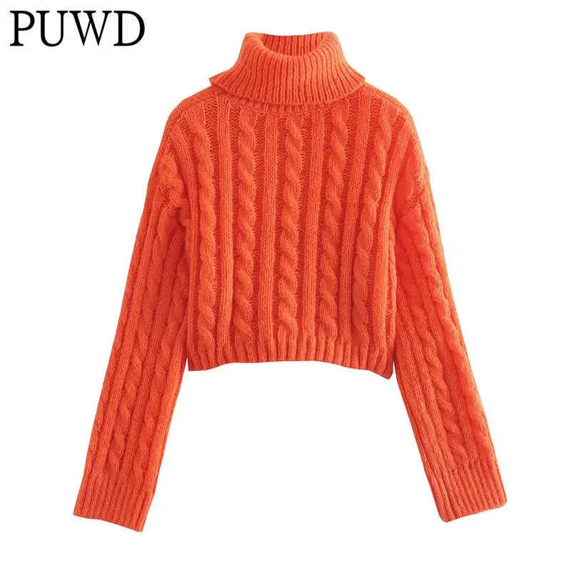 

Элегантный женский свитер PUWD осень 2021 модная женская оранжевая Водолазка с длинным рукавом Свободная трикотажная одежда женский шикарный ...