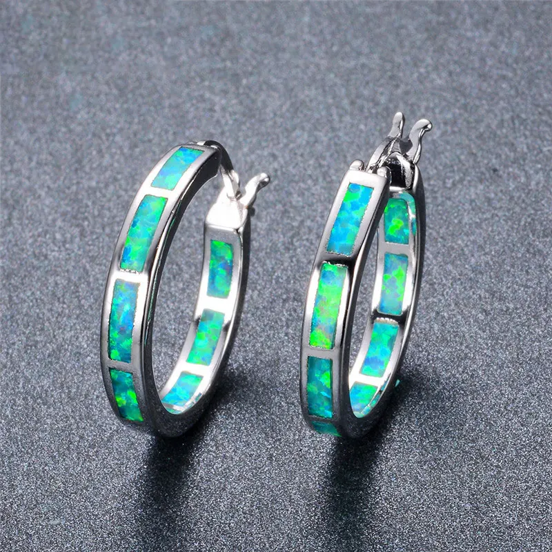 Новые роскошные серьги-обручи с опалом радуги для женщин, серебристого цвета, с камнями рождения синего/белого/зеленого цвета.