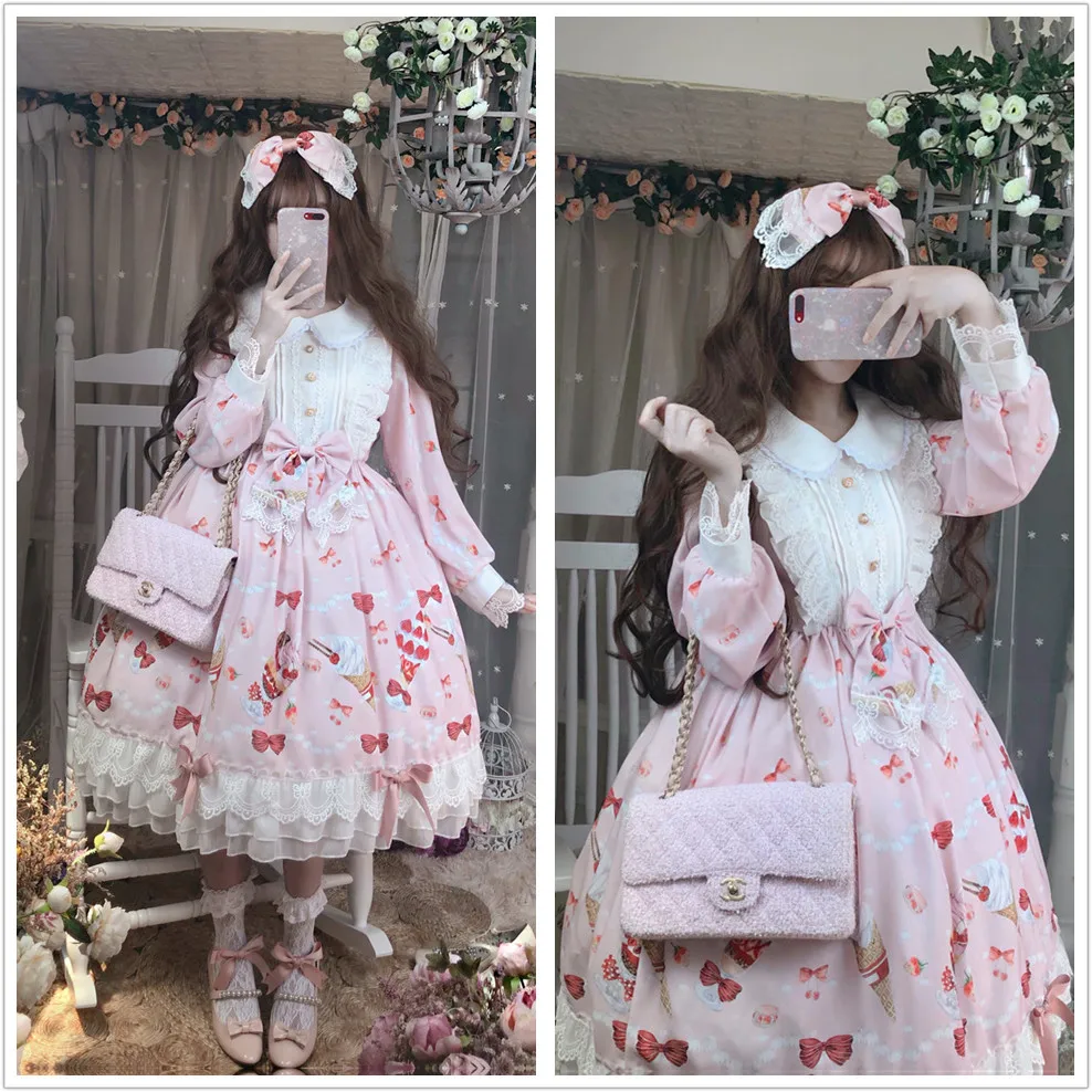 

Kawaii Strawberry Desserts Print Women's Lolita Lace Bows Princess OP Dress Autumn Doll Collar Long Sleeve Party Fancy Dress