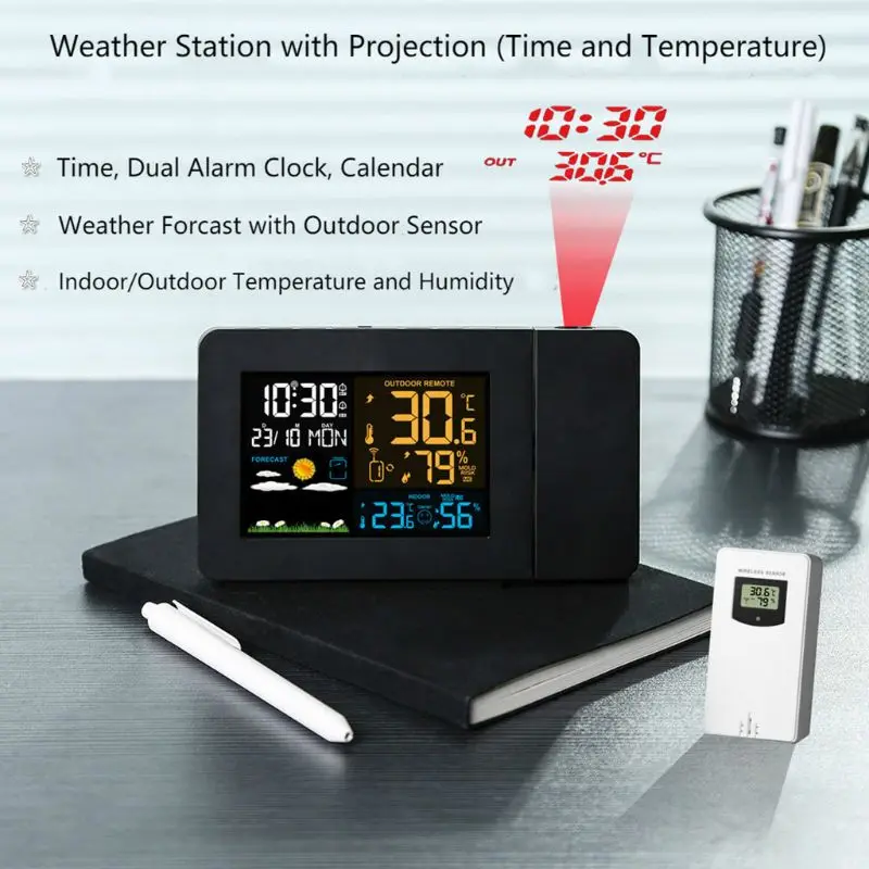 LED Projection Weather Thermometer LCD Digital Alarm Clock Calendar Multifunctional Indoor Outdoor Temperature Humidity
LED Projection Weather Thermometer LCD Digital Alarm Clock Calendar Multifunctional Indoor Outdoor Temperature Humidity