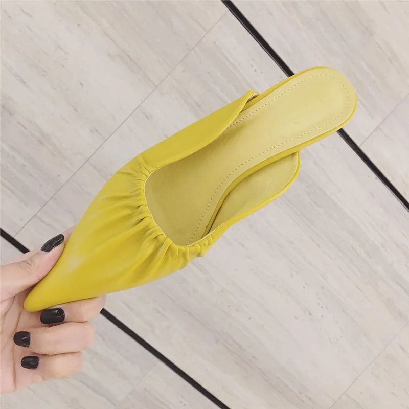 2020 Summer New Elegant Women Yellow Beige Low Heels Slides Mules Pointed Toe Slippers Designer Rose Red High Shoes | Обувь
