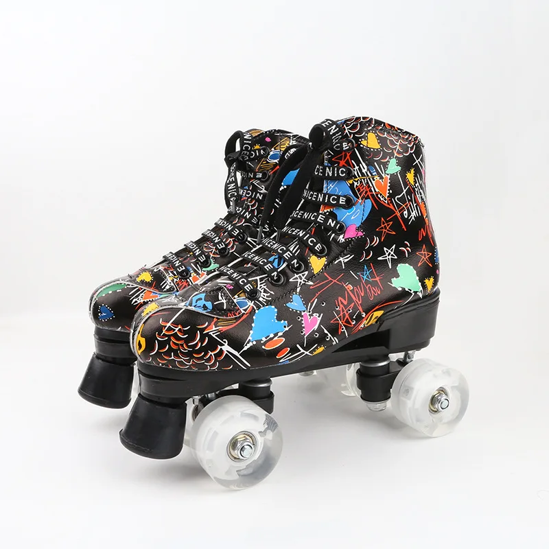 2020 Printed Black Lace-Up Artificial Leather Adult Double Row Roller Skates With Flash PU Wheel Brake Woman Man Roller Shoes
2020 Printed Black Lace-Up Artificial Leather Adult Double Row Roller Skates With Flash PU Wheel Brake Woman Man Roller Shoes