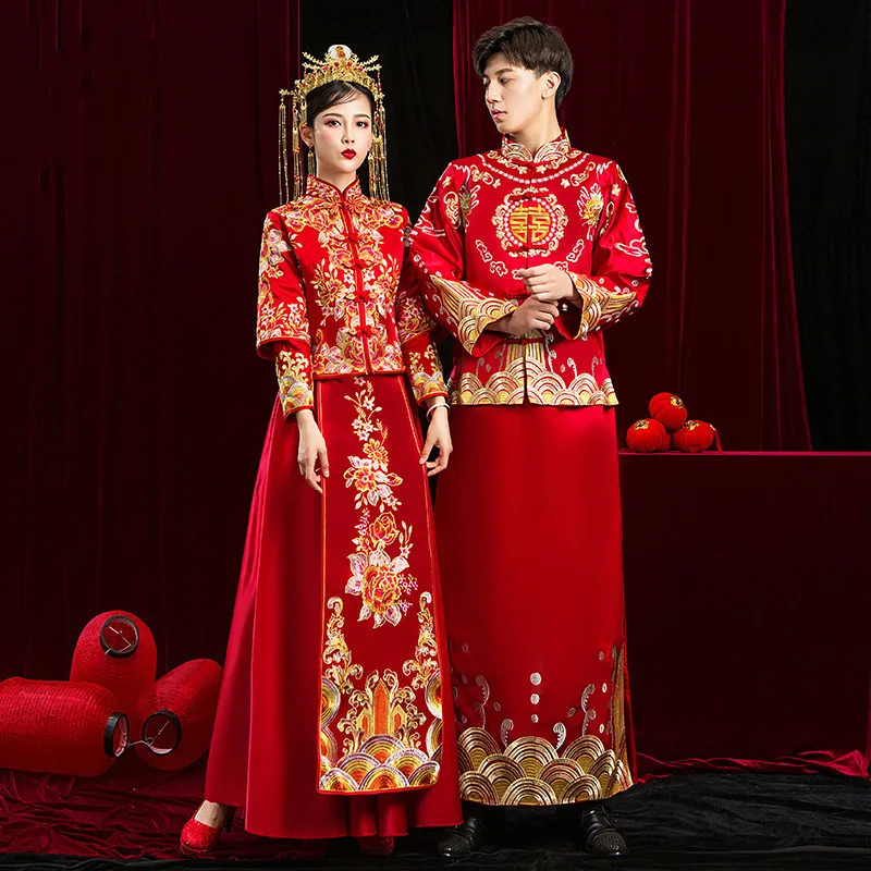 

Свадебное платье большого размера 4XL для пары, костюм жениха невесты в китайском стиле, Свадебный комплект с вышивкой в Сучжоу, изысканная п...