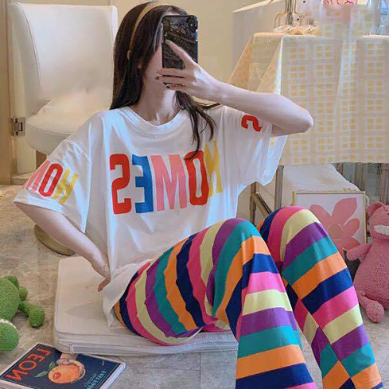 Summer Pajamas Sets Short Sleeve Top Trousers Women 2 Piece Set Cartoon Sleepwear Home Service Loose Nightwear
Summer Pajamas Sets Short Sleeve Top Trousers Women 2 Piece Set Cartoon Sleepwear Home Service Loose Nightwear
