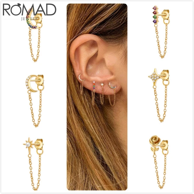 ROMAD 925 Sterling Silver Earrings For Women Star Moon Zircon Earrings Girl Ear Bone brincos Gold Chain Rose Flower Earring R5
ROMAD 925 Sterling Silver Earrings For Women Star Moon Zircon Earrings Girl Ear Bone brincos Gold Chain Rose Flower Earring R5