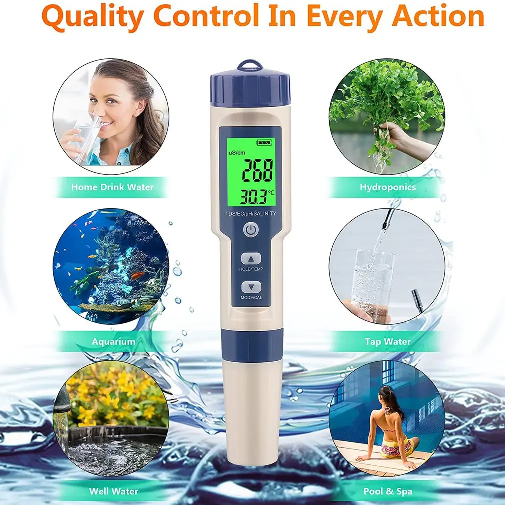 5 In 1 TDS EC PH Salinity Temperature Digital Meter High Accuracy Tester Pen Water Quality Tester For Drinking Water Pools
5 In 1 TDS EC PH Salinity Temperature Digital Meter High Accuracy Tester Pen Water Quality Tester For Drinking Water Pools