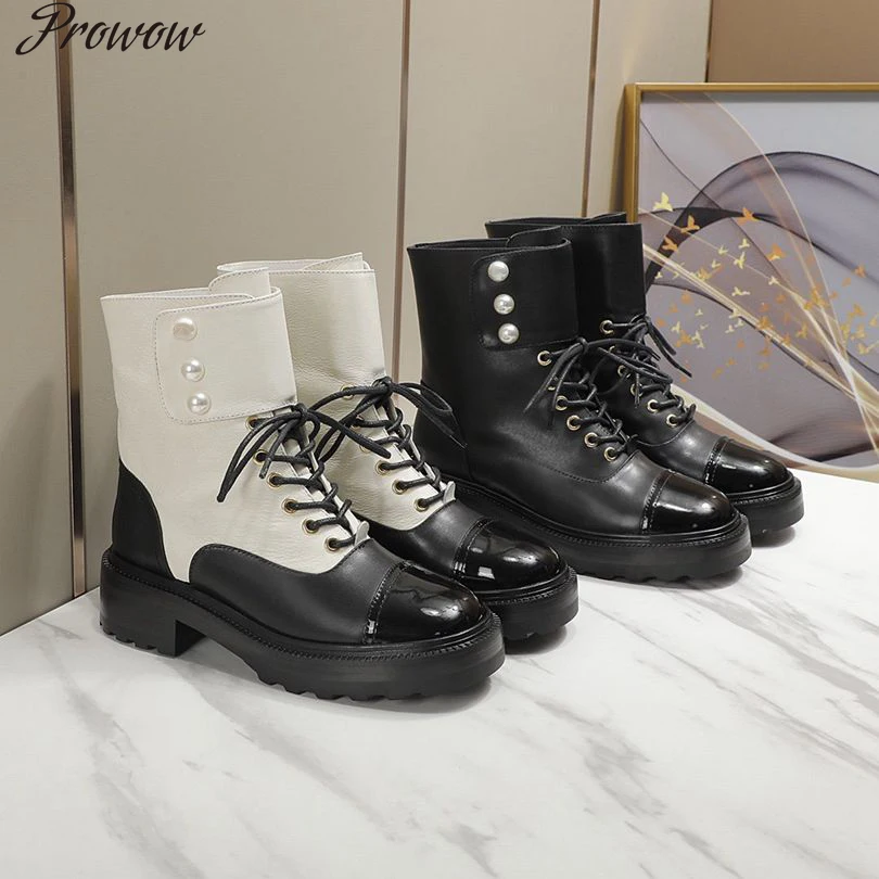 

Prowow Platform Cross-tied Martin Boots Solid Color Women Shoes Brand Designer Pearl Decoration Round Toe Ankle Booties