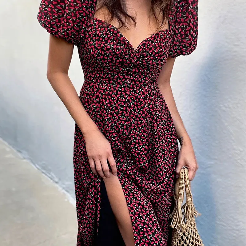 Floral Print Dress Women V Neck Side Slit Long Dress Elegant Short Puff Sleeve Slim Spring Summer Female Boho Vestidos
Floral Print Dress Women V Neck Side Slit Long Dress Elegant Short Puff Sleeve Slim Spring Summer Female Boho Vestidos
