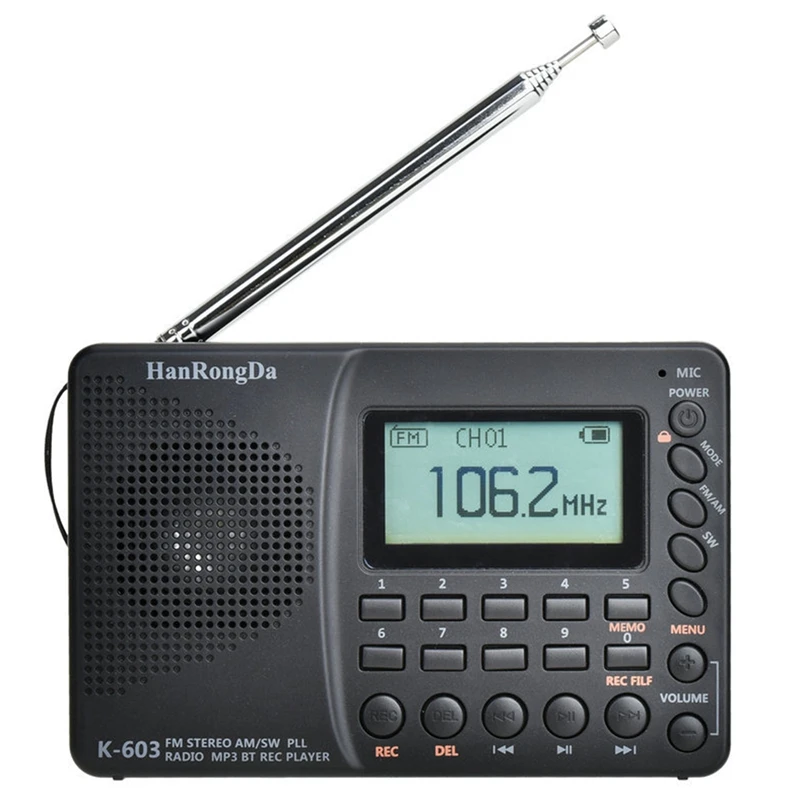 Полнодиапазонное радио HanRongDa K-603, Bluetooth, FM, AM, SW, портативное карманное радио, MP3, цифровое записывающее устройство, поддержка карт Micro-SD
Полнодиапазонное радио HanRongDa K-603, Bluetooth, FM, AM, SW, портативное карманное радио, MP3, цифровое записывающее устройство, поддержка карт Micro-SD