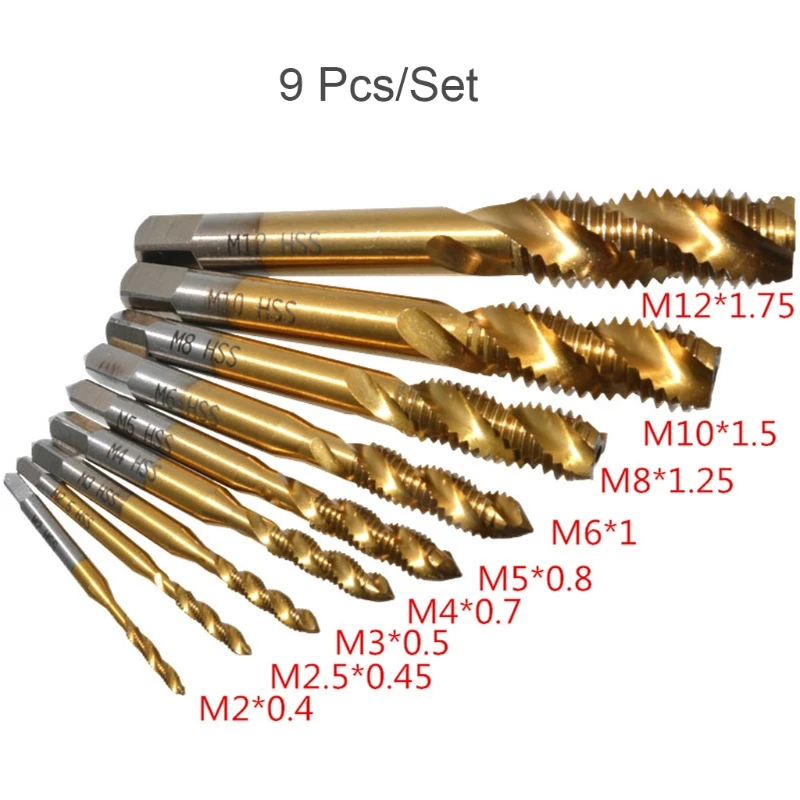 9pcs M2-M12 Titanium Coated High Speed Steel HSS Screw Thread Metric Spiral Hand Plug Tap Tools
9pcs M2-M12 Titanium Coated High Speed Steel HSS Screw Thread Metric Spiral Hand Plug Tap Tools