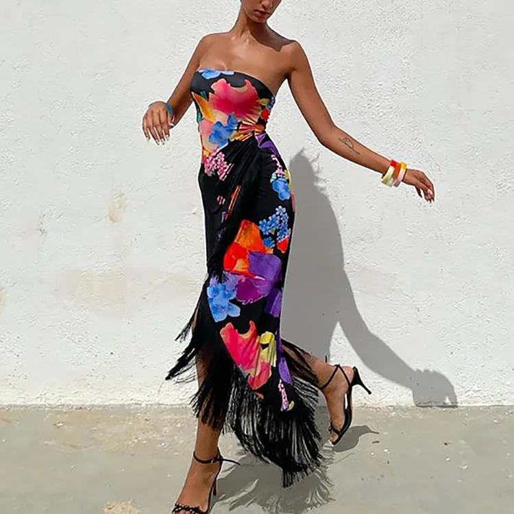 Sexy Slim Floral Tassel Tube Dress Strapless Zipper Split Resilient Silk Asymmetrical Chest Wrapping Dresses Party Street Style
Sexy Slim Floral Tassel Tube Dress Strapless Zipper Split Resilient Silk Asymmetrical Chest Wrapping Dresses Party Street Style