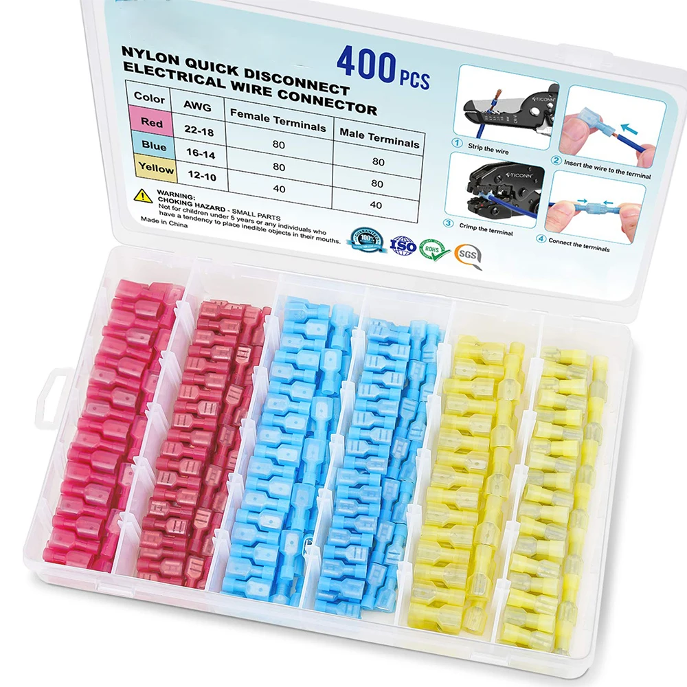 100/200/400 Pcs Nylon Spade Quick Disconnect Connectors Kit, Electrical Insulated Terminals, Spade Crimp Terminal Assortment Kit
100/200/400 Pcs Nylon Spade Quick Disconnect Connectors Kit, Electrical Insulated Terminals, Spade Crimp Terminal Assortment Kit
