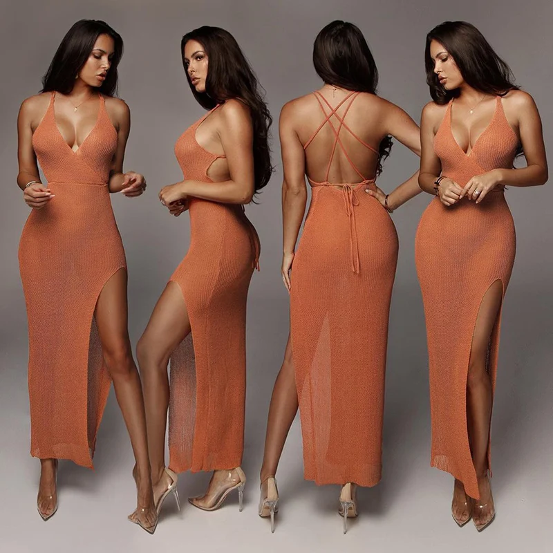 Summer party V-neck suspender long dress, open back lace-up beautiful back slim sexy fashion split dress
Summer party V-neck suspender long dress, open back lace-up beautiful back slim sexy fashion split dress