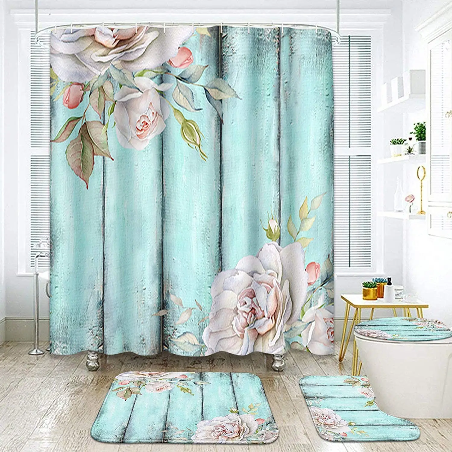 4 Pcs Shower Curtain Set Turquoise Wooden White Rose Floral Watercolor Blue with Non-Slip Rugs Toilet Cover and Bath Mat Set
4 Pcs Shower Curtain Set Turquoise Wooden White Rose Floral Watercolor Blue with Non-Slip Rugs Toilet Cover and Bath Mat Set