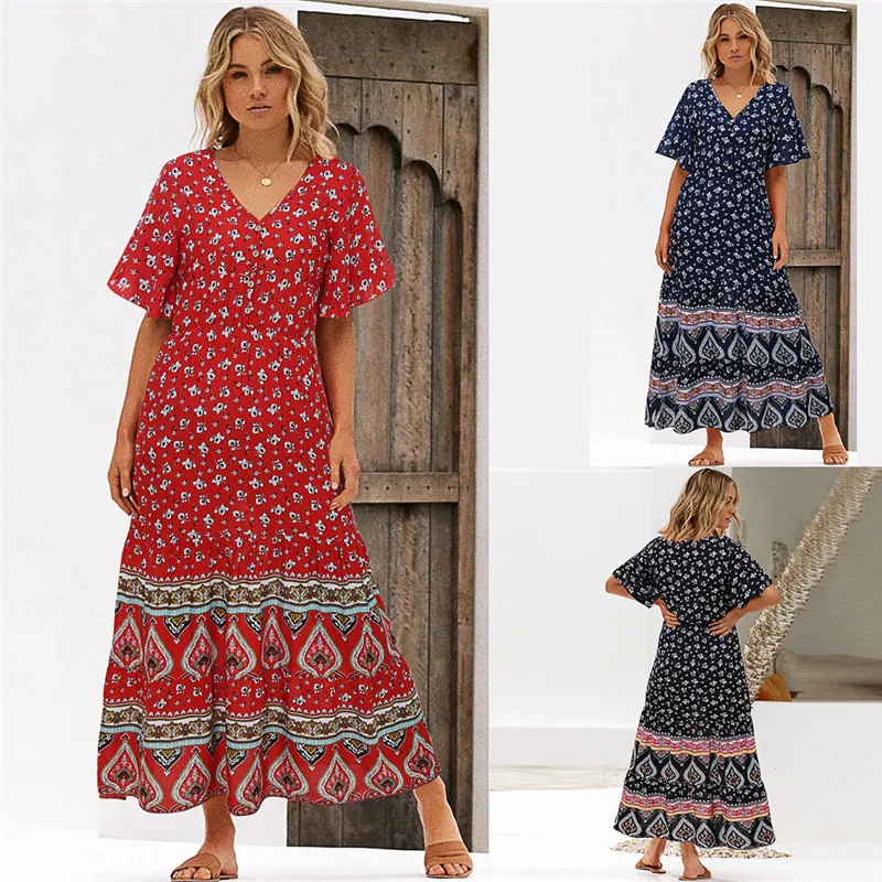 Spring/summer 2020 Bohemian v-neck floral print high-waisted short-sleeved long dress
Spring/summer 2020 Bohemian v-neck floral print high-waisted short-sleeved long dress
