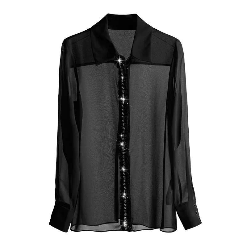New placket nail diamond decoration perspective long sleeved shirt S914 thin model
New placket nail diamond decoration perspective long sleeved shirt S914 thin model