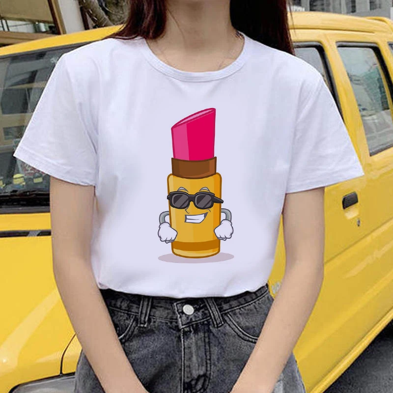 Топы футболка милые дизайнерские футболки с принтом в виде помады Женские