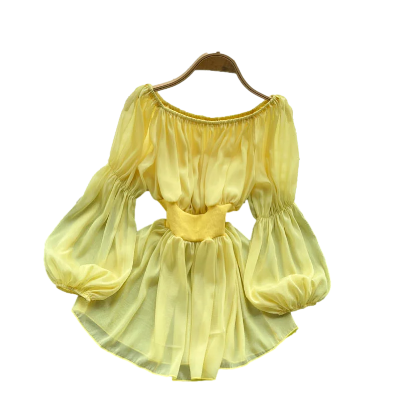 Summer New Fashion Blouse Female Word Collar Puff Sleeve Blusa Wild Waist Slimming Lotus Leaf Swing Chiffon Shirt 
Summer New Fashion Blouse Female Word Collar Puff Sleeve Blusa Wild Waist Slimming Lotus Leaf Swing Chiffon Shirt