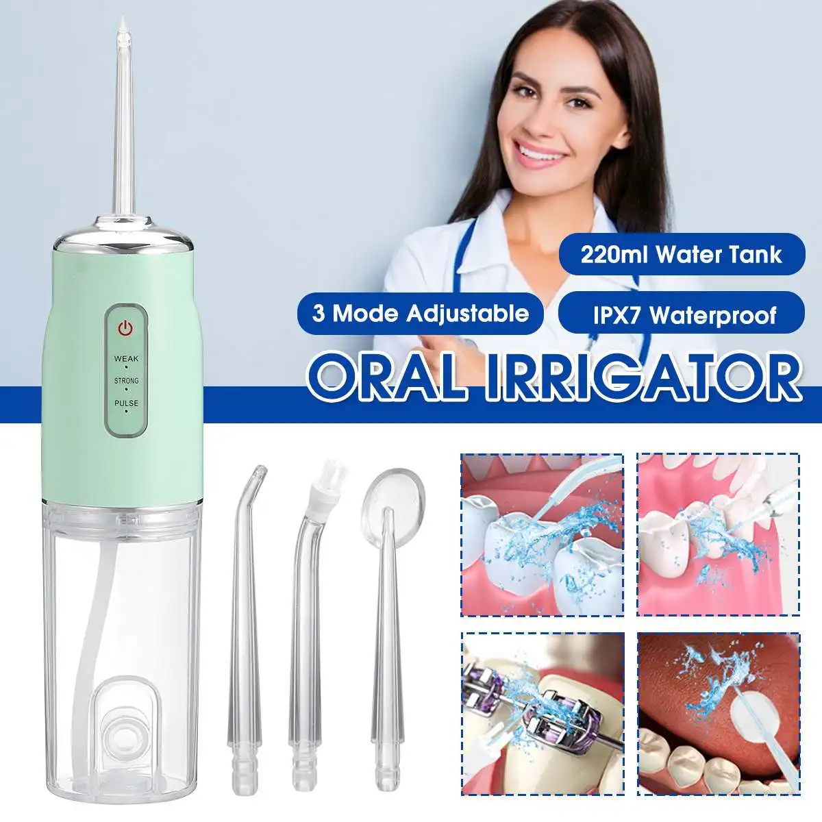 3 Modes Cordless Oral Irrigator Portable USB RechargeableTeeth Cleaner Dental Water Flosser Jet 220ML Water Tank with 4/1 Nozzle
3 Modes Cordless Oral Irrigator Portable USB RechargeableTeeth Cleaner Dental Water Flosser Jet 220ML Water Tank with 4/1 Nozzle