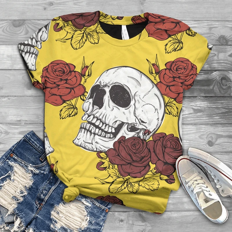Camiseta con estampado de calavera para mujer, top de manga corta con cuello redondo popular multicolor para mujer 3D anime 
Camiseta con estampado de calavera para mujer, top de manga corta con cuello redondo popular multicolor para mujer 3D anime