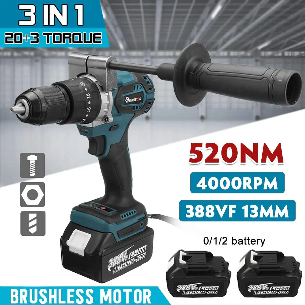 3 IN 1 13mm Brushless Electric Drill Screwdriver Hammer 520N.M 20+3 Torque Cordless Impact Drill for Makita 18V Battery
3 IN 1 13mm Brushless Electric Drill Screwdriver Hammer 520N.M 20+3 Torque Cordless Impact Drill for Makita 18V Battery